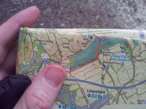 The map used, Harvey North Downs Way (West). Great map, all of the route in nice sections and waterproof.